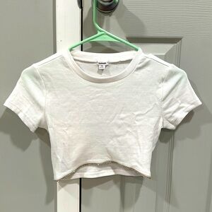 Garage White Cropped Tee With Rhinestones
